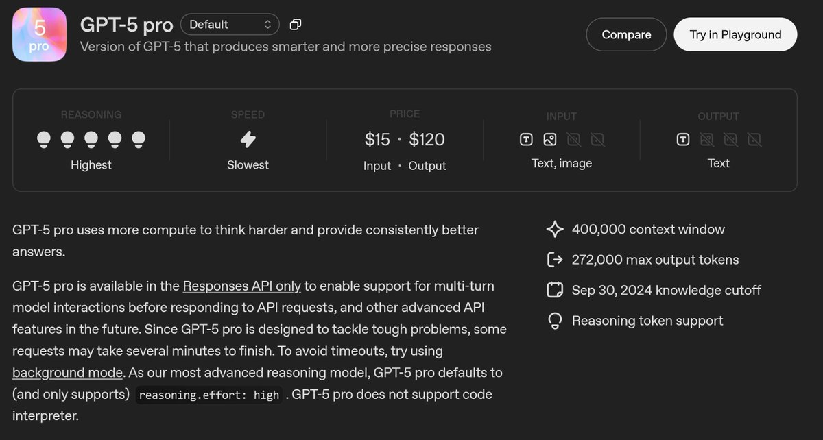 toshinobu65's tweet image. OpenAIは、上位AIモデル「GPT-5 Pro」のAPIを公開した。利用料金は入力100万トークンあたり15ドル、出力100万トークンあたり120ドル。 &lt;https://t.co/x5cP3yU3h5&gt;
#AITrends #GPT5Pro #OpenAIAPI