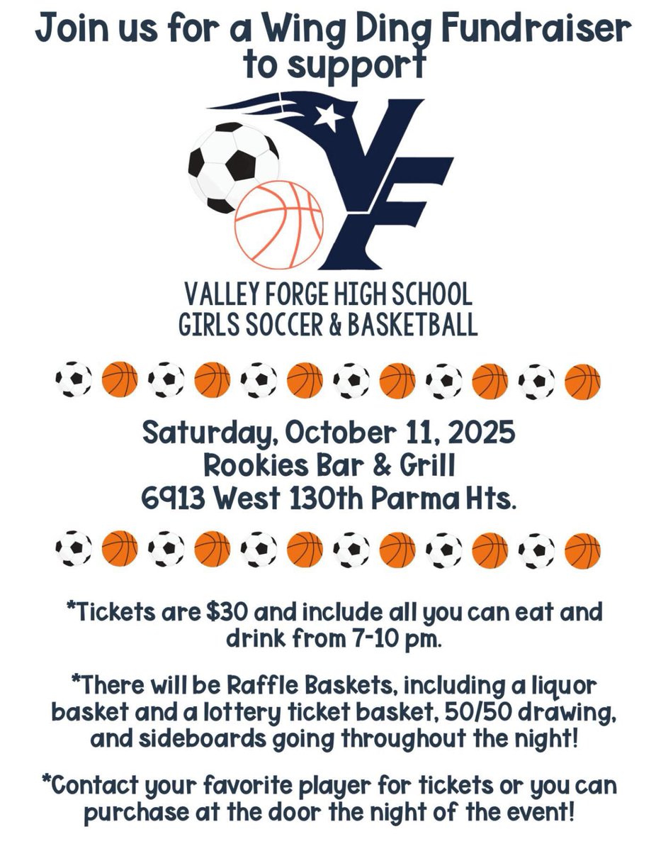 Come out and support the Valley Forge Ladies Soccer and Basketball Teams Fundraiser.  Saturday, October 11th.