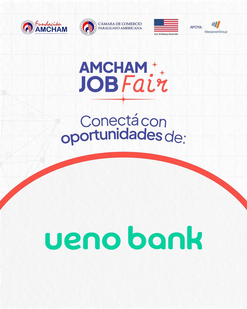 FundacionAMCHAM's tweet image. 💳 ¡@ueno_py presente en AmCham Job Fair! 🙌
El primer banco 100% digital de Paraguay ofrece experiencias financieras ágiles y diferentes.
¿Querés ser parte de una compañía que innova todos los días? 👉🏼 Conectá con sus oportunidades en AmCham Job Fair: bit.ly/participantesa…