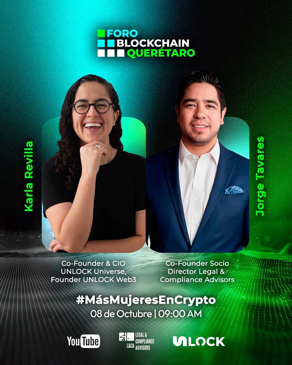 ForoBlockchain's tweet photo. Este miércoles a las 9:00 AM acompáñanos en una charla imperdible con Karla Revilla sobre el movimiento #MásMujeresEnCrypto

📍 No te lo pierdas en vivo en nuestro canal de YouTube: Legal &amp; Compliance Advisors

#FBQ25 #DescentralizaElFuturo #Blockchain #Crypto #MujeresEnCrypto https://t.co/4EGAtq2PWZ