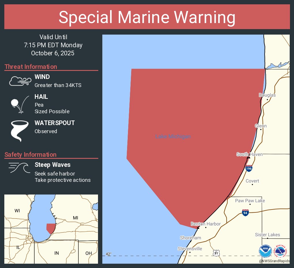 NWSGrandRapids's tweet image. Special Marine Warning continues for the Lake Michigan from South Haven to Holland MI 5NM offshore to Mid lake, Lake Michigan from Holland to Grand Haven MI 5NM offshore to Mid Lake and Lake Michigan from St Joseph to South Haven MI 5NM offshore to Mid Lake until 7:15 PM EDT