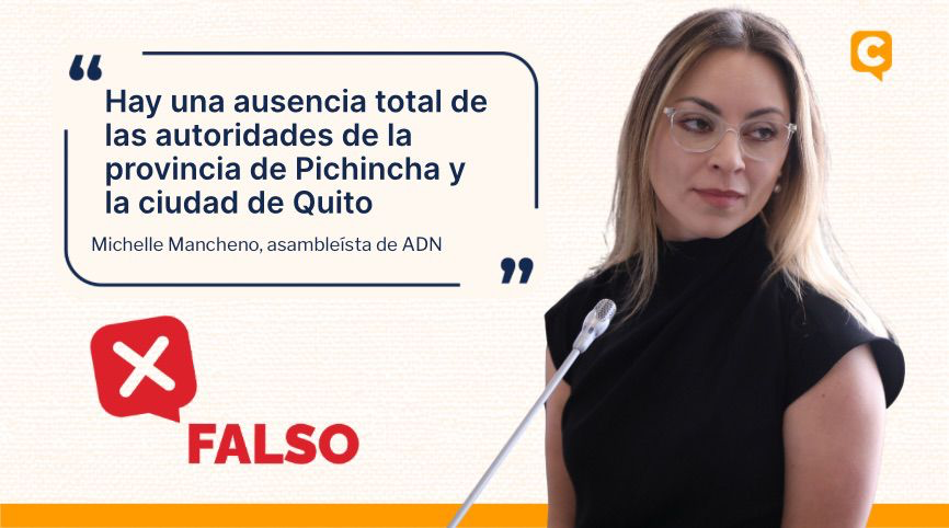 🔴La asambleísta de ADN, Mishelle Mancheno, dijo que “hay una ausencia total de las autoridades de Pichincha y de Quito” durante el paro nacional.

Su declaración es FALSA ❌: el Municipio activó el COE Metropolitano, pidió resguardo para infraestructuras estratégicas y realizó