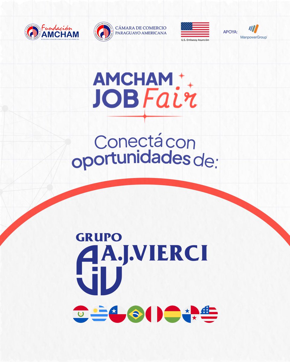 FundacionAMCHAM's tweet image. ¿Querés crecer profesionalmente? 🚀¡AJ Vierci te espera en AmCham Job Fair! 🌟
Una empresa paraguaya con presencia internacional y grandes oportunidades. 🤝🏼
Sumate a la feria: bit.ly/participantesa…