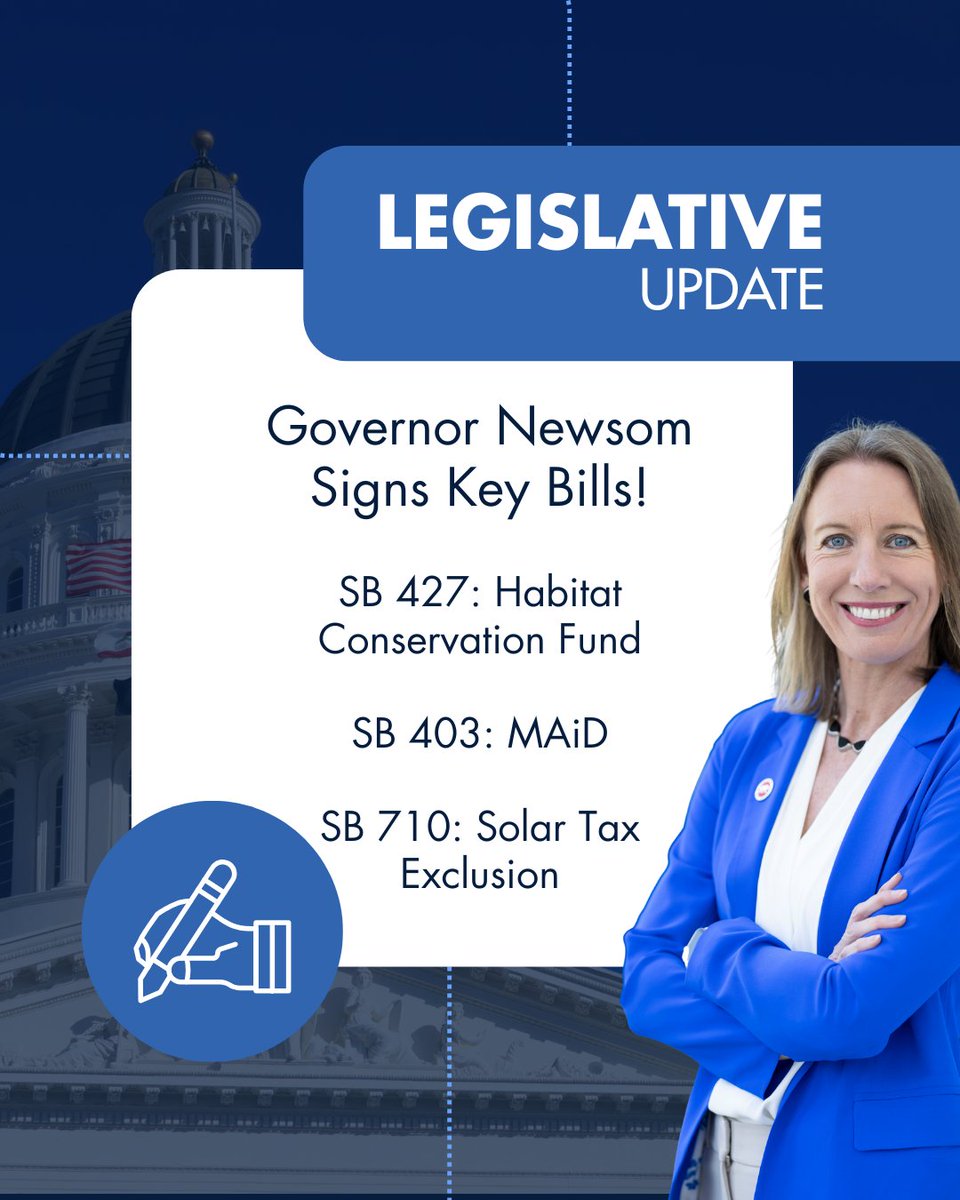 Senator Catherine Blakespear (@senblakespear) on Twitter photo I’m proud to share that <a href="/CAgovernor/">Governor Gavin Newsom</a> has signed three of my bills into law. These measures address various issues, including protecting solar tax benefits, extending Habitat Conservation Funding through 2035, and making the End of Life Option Act permanent, to ensure Californians I’m proud to share that <a href="/CAgovernor/">Governor Gavin Newsom</a> has signed three of my bills into law. These measures address various issues, including protecting solar tax benefits, extending Habitat Conservation Funding through 2035, and making the End of Life Option Act permanent, to ensure Californians