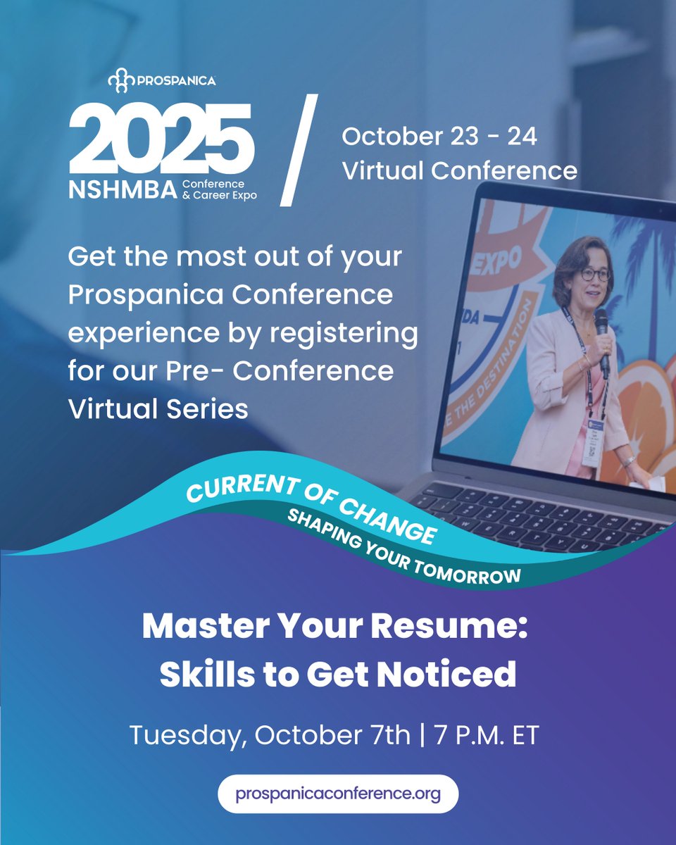 Prospanica's tweet image. Don’t miss our next webinar in our 💻 Pre-Conference Webinar Series: “Master Your Resume: Skills to Get Noticed”

 📅 Tomorrow, Tuesday, October 7, 7 PM ET

This virtual session will show you how to craft a resume that highlights your achievements, transferable skills, and…