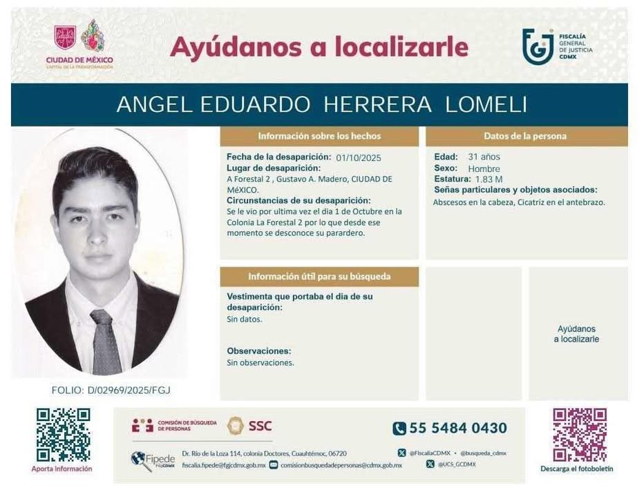 canal6tv's tweet photo. #Comunidad 🛑🔍 Se solicita su colaboración para localizar a Ángel Eduardo Herrera Lomelí, de 31 años de edad, quien fue visto por última vez en la colonia #ForestalII, #GustavoAMadero, #CDMX. https://t.co/9gIFM0lZ8A