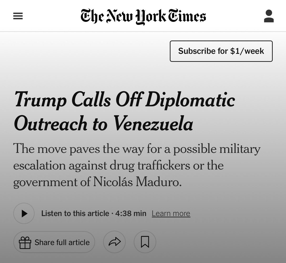 🚨|Trump cancela negociaciones con Venezuela. <a href="/POTUS/">President Donald J. Trump</a> ha ordenado detener los esfuerzos diplomáticos con el gobierno de Nicolás Maduro, según funcionarios de EE. UU. La decisión, tomada tras una reunión con líderes militares el jueves, podría escalar tensiones hacia una acción