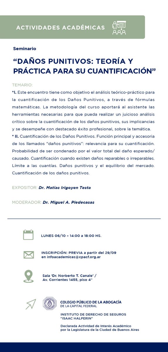 Mañana (y hoy), Matías IRIGOYEN TESTA en el Colegio Público de la Abogacía de Capital Federal, sobre "Cuantificación del Daño y el Límite de la suma asegurada" en la Jornada "El CCCN y el Derecho de Seguros" (cpacf.org.ar/noticia/capaci…) y "Daños Punitivos" (cpacf.org.ar/noticia/capaci…)