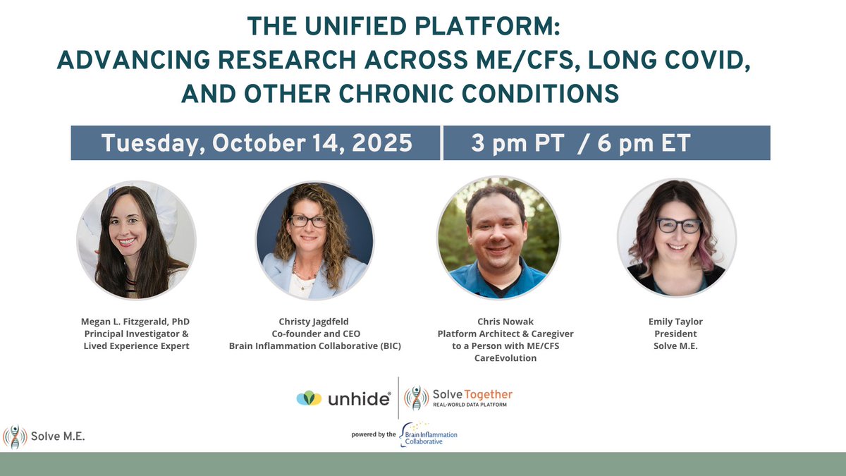 PlzSolveCFS's tweet image. Register for our free Oct. 14 webinar, “The Unified Platform: Advancing Research Across #MECFS, #LongCovid, &amp;amp; Other Chronic Conditions&quot; w/ @CJagdfeld (@BrainInflCollab),  Megan L Fitzgerald, PhD, &amp;amp; Chris Nowak, and learn how you can get involved.
Sign up: ow.ly/luTT50WGMXV
