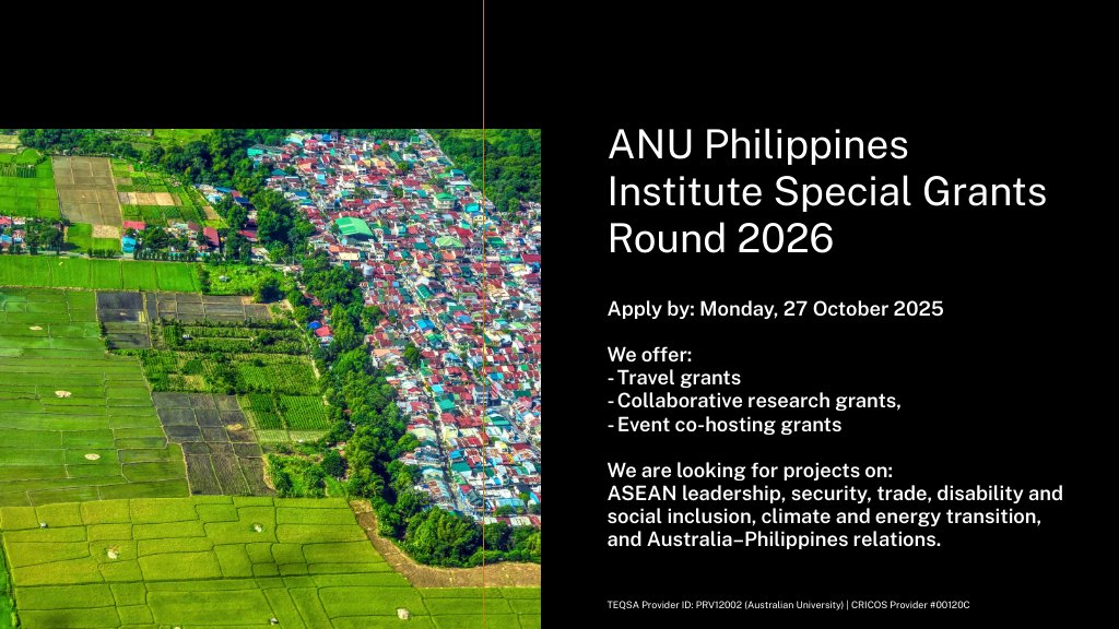 ANUPhilippines's tweet photo. 🚨 New Opportunity!

The ANU Philippines Institute has launched its Special Grants Round 2026 — funding travel, research &amp; event collaborations that strengthen 🇦🇺–🇵🇭 engagement.

Apply now 👇
🔗 https://t.co/DrSciH1CvD

#ANU #Research #Philippines https://t.co/xohiXmxCPg