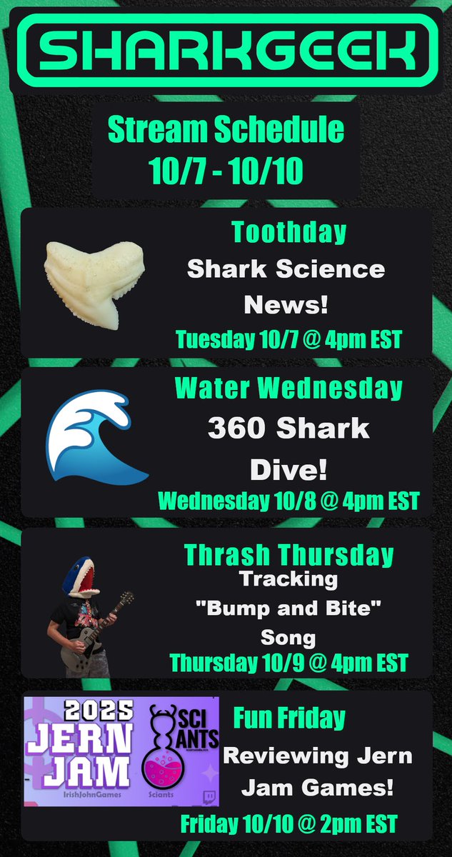 Stream schedule for the week is out! See you in chat! 🤙

Twitch.tv/sharkg33k