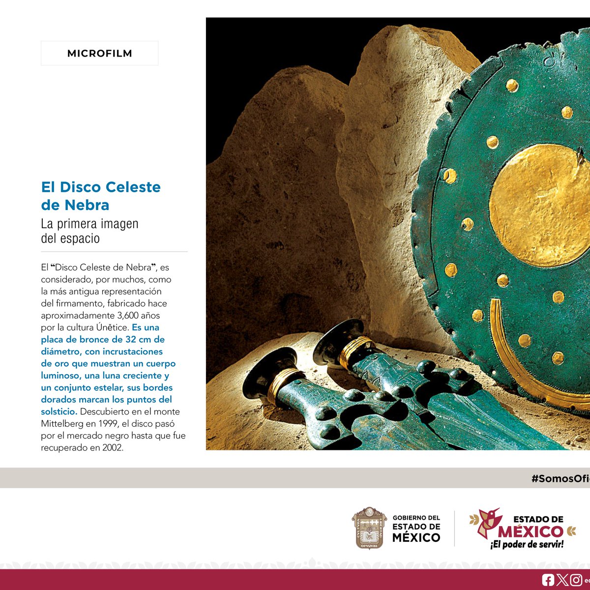 agem_mex's tweet photo. ¿Cuál es la primera “imagen” que el hombre creó del espacio? En honor a la #SemanaMundialDelEspacio, te presentamos el #DiscoCelesteDeNebra, una placa de bronce que marca un puente entre la antigua mirada humana y nuestro anhelo de comprender el #cielo.
#AGEMÉX
#MásQueUnArchivo https://t.co/2SimbZX1WF