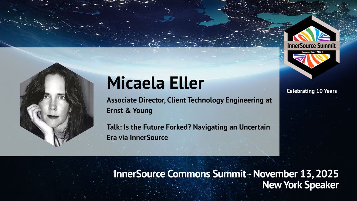 InnerSourceOrg's tweet image. Micaela Eller from @EYnews will give a talk on Is the Future Forked? Navigating an Uncertain Era via InnerSource for the New York leg of the #InnerSourceSummit2025
🎟️Join us in NY or online. Early bird tickets: eventbrite.com/e/innersource-…