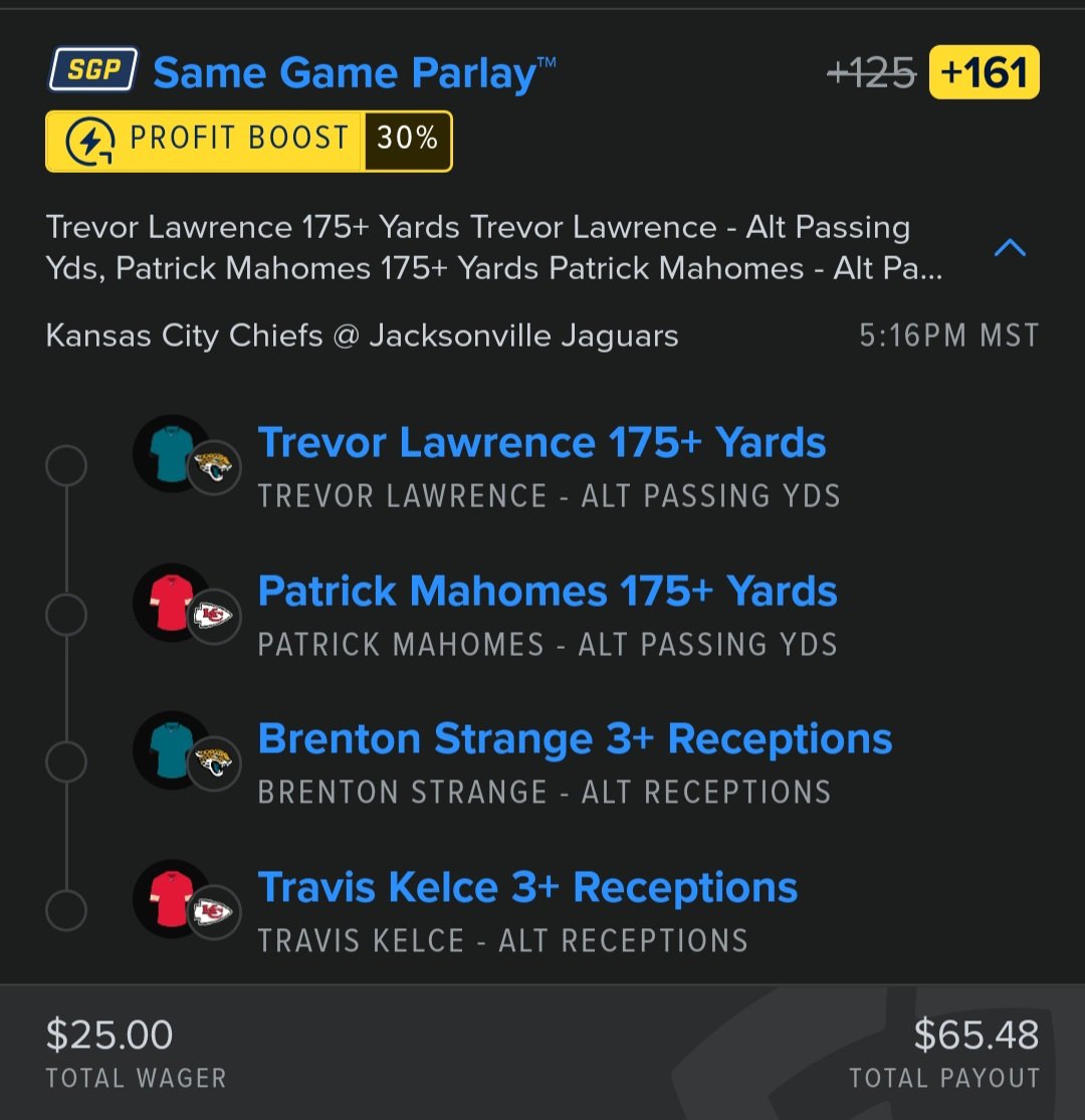 MNF 4 Leg Parlay! 🏈 KC/JAC +161 Odds! $25 --> $65.48! 

#GamblingTwitter #Gambling #GamblingX #PrizePicks #prizepickslock #fanduel #nfl