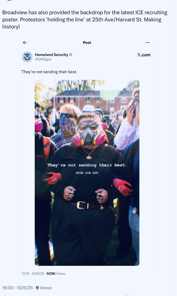 Hahaha, lil ole Broadview is now the backdrop for the latest ice recruiting poster! America, meet 25th Ave/Harvard St…oh, and some young Umpa Loompa protester.