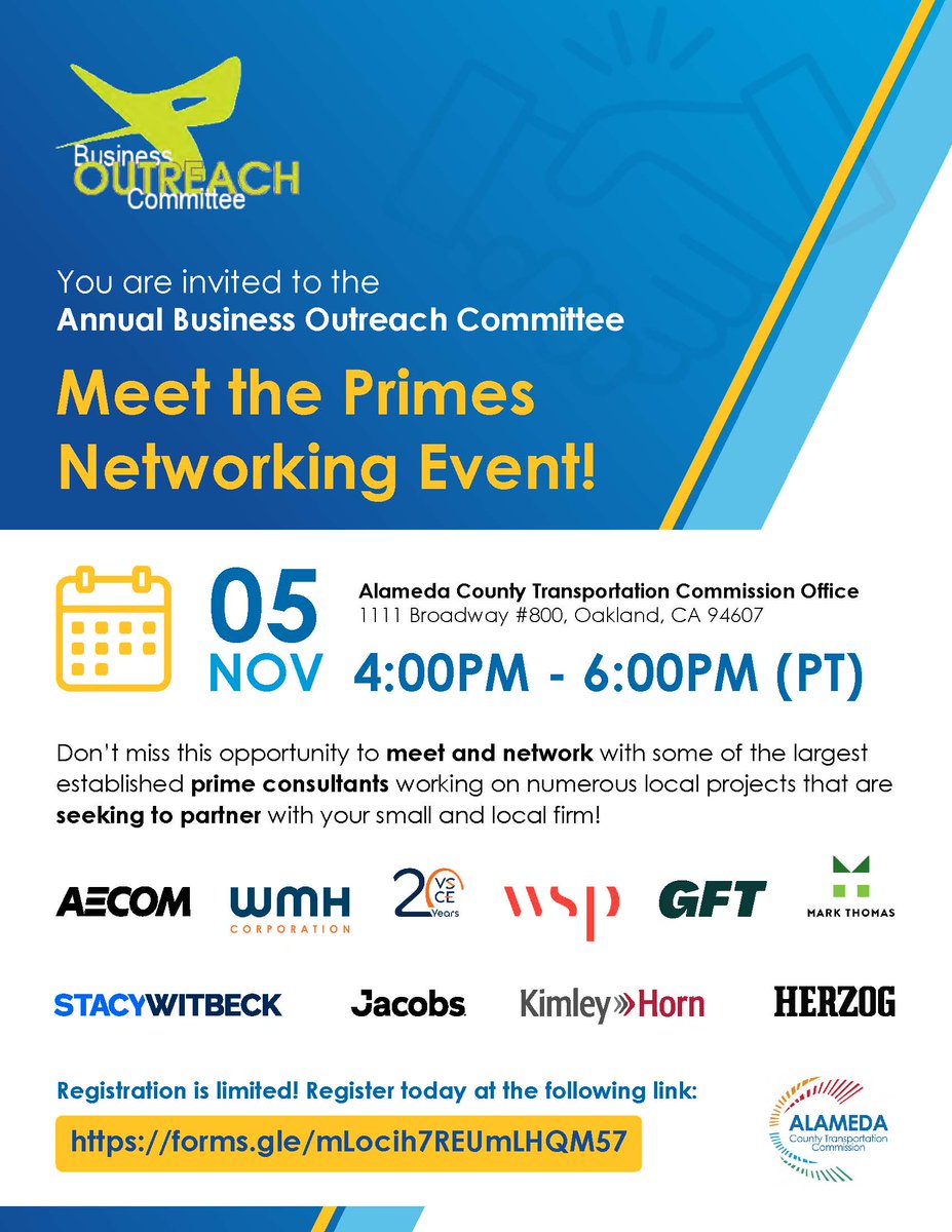 Alameda CTC (@alamedactc) on Twitter photo Join us at the <a href="/AlamedaCTC/">Alameda CTC</a> Office in Oakland for the Annual Business Outreach Committee āMeet the Primesā Event on Wednesday, November 5, from 4ā6 p.m. Join us at the <a href="/AlamedaCTC/">Alameda CTC</a> Office in Oakland for the Annual Business Outreach Committee āMeet the Primesā Event on Wednesday, November 5, from 4ā6 p.m.