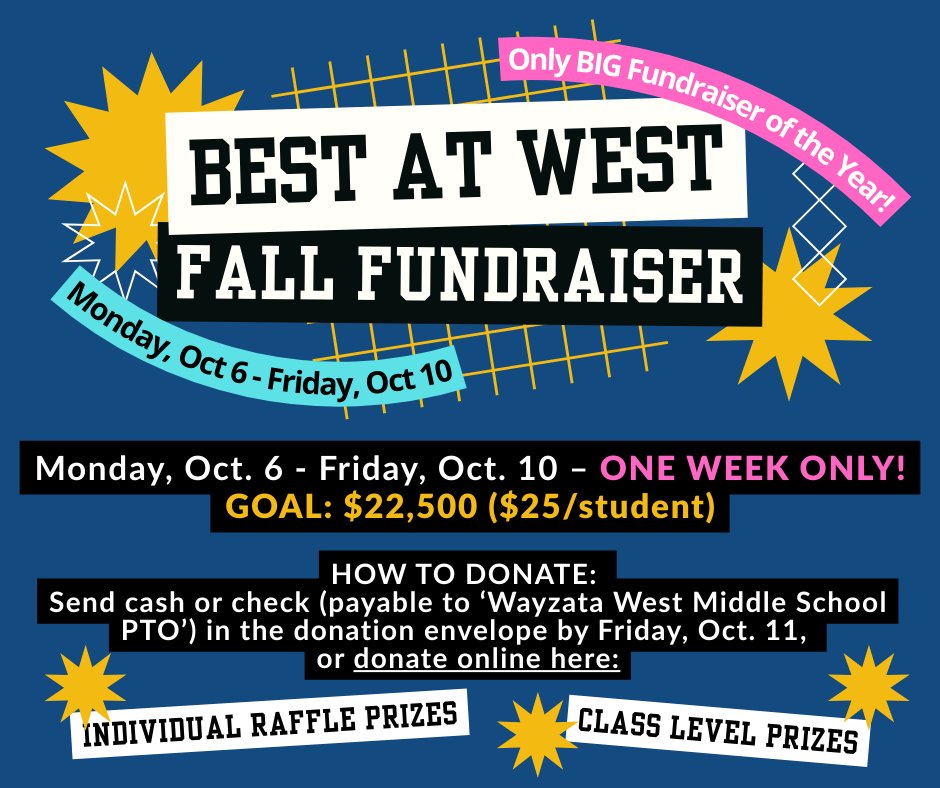 It's time to donate! Our Best at West fundraiser officially starts today! Please consider donating via cash or check (made out to Wayzata West Middle School PTO) or use the convenient online option. Thank you for supporting West Middle School!

secure.givelively.org/donate/wayzata…