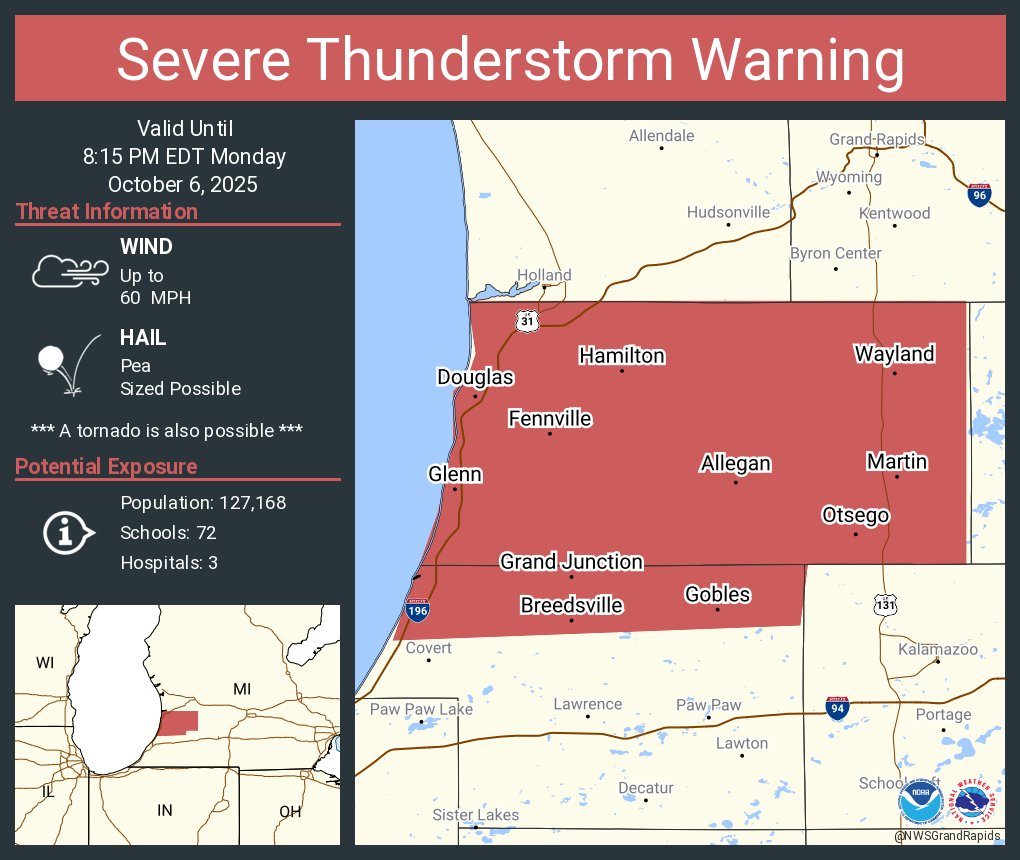 NWSGrandRapids's tweet image. Severe Thunderstorm Warning including Allegan MI, South Haven MI and  Wayland MI until 8:15 PM EDT