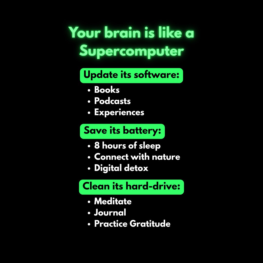 equalman's tweet image. Your brain is like a super computer: update its software, save its battery, and clean its hard-drive. Mental health is maintenance. Update. Recharge. Defrag. Repeat.
#Technology #SelfHelp #Focus