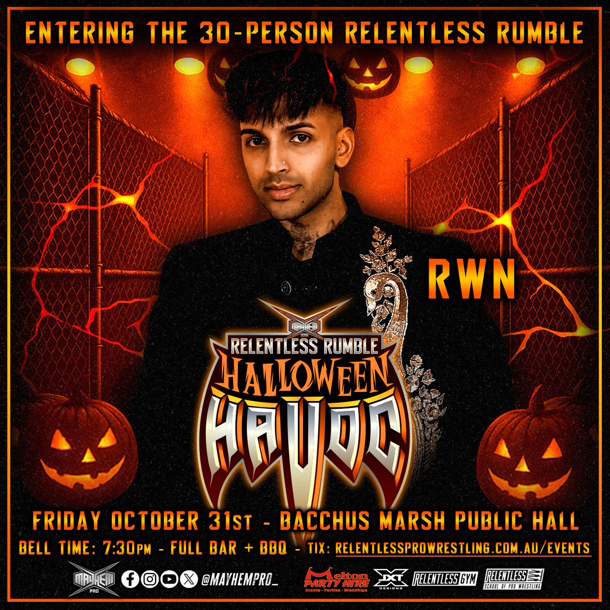 ‼️Relentless Rumble Entrants‼️

The Gutter God himself <a href="/GutterGodKB/">GutterGodKB</a> 
&amp; 
The mysterious man <a href="/RWNPW_/">RWN</a> 

Could one of these men be the one to earn a title shot in Mayhem Pro and win the Relentless Rumble?

📅Fri Oct 31
📍Bacchus Marsh Public Hall
🔔7:30pm 
🎟️relentlessprowrestling.com.au/events