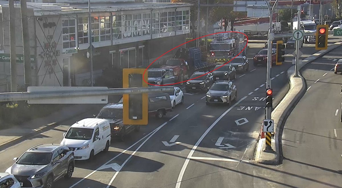 DriveBC's tweet photo. ⚠️#MainSt - a vehicle incident is blocking the right lane at the approach to get on the #IronworkersBridge.
Expect delays.
#NorthVan #BCHwy1 
https://t.co/MNovn5LekK https://t.co/zke2MJPdkJ