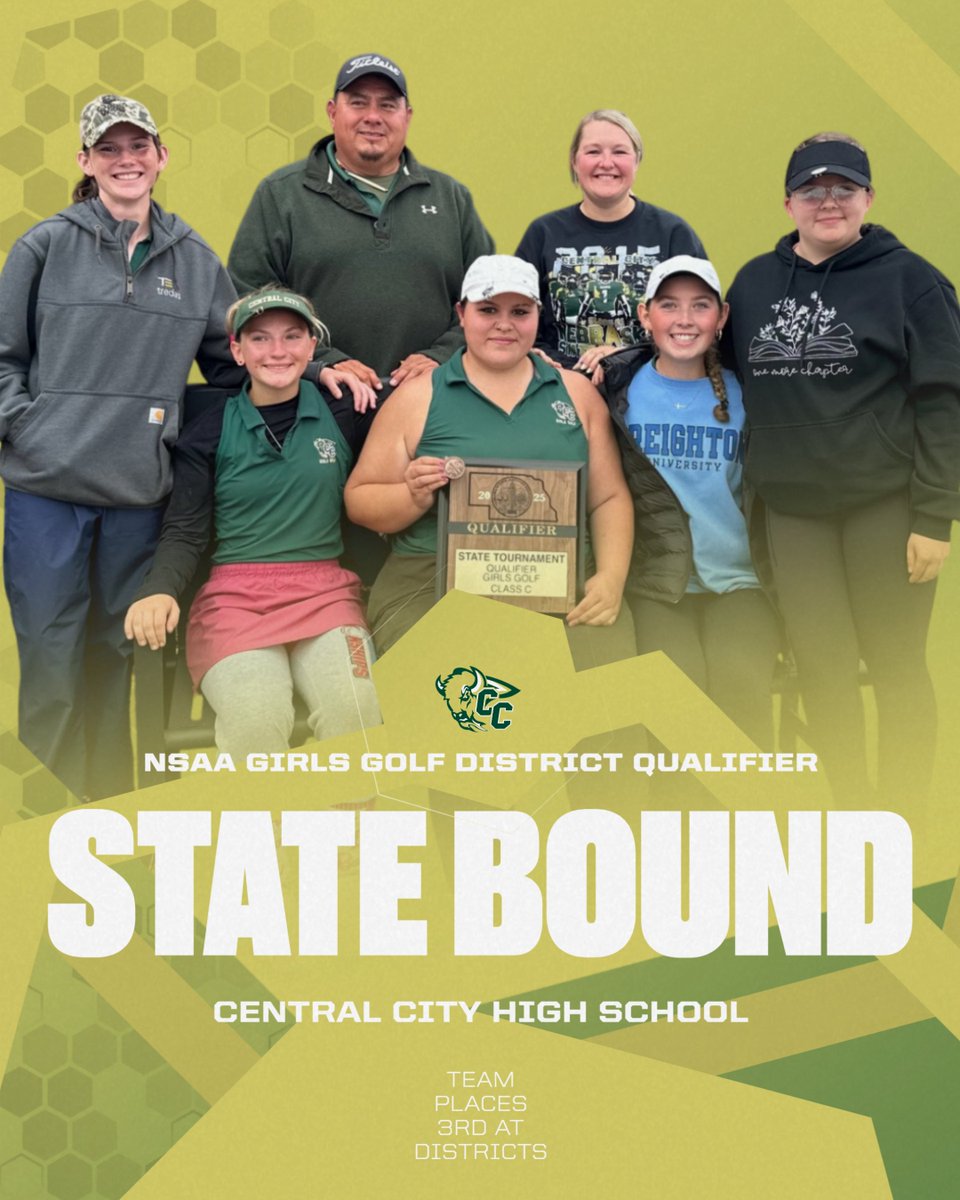 ccpsactivities's tweet photo. Congrats to the Central City Girls Golf Team on qualifying for state!  Coach Springer, Coach White Bull, Cyah White Bull, Cheyenne Veach, Alyssa Wood, Elise Bearnes, and Desirae Miller.  Cyah placed 10th overall in a tough field with a score of 99.  The last time girls qualified for state was 2012.