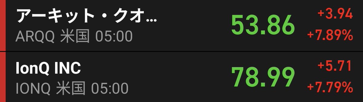 sakesukisuke's tweet photo. 量子銘柄仲良く上昇中😆🚀🚀
リゲッテイもお金あれば欲しい🥹

#ARQQ
#IONQ https://t.co/QhCZmQILXu