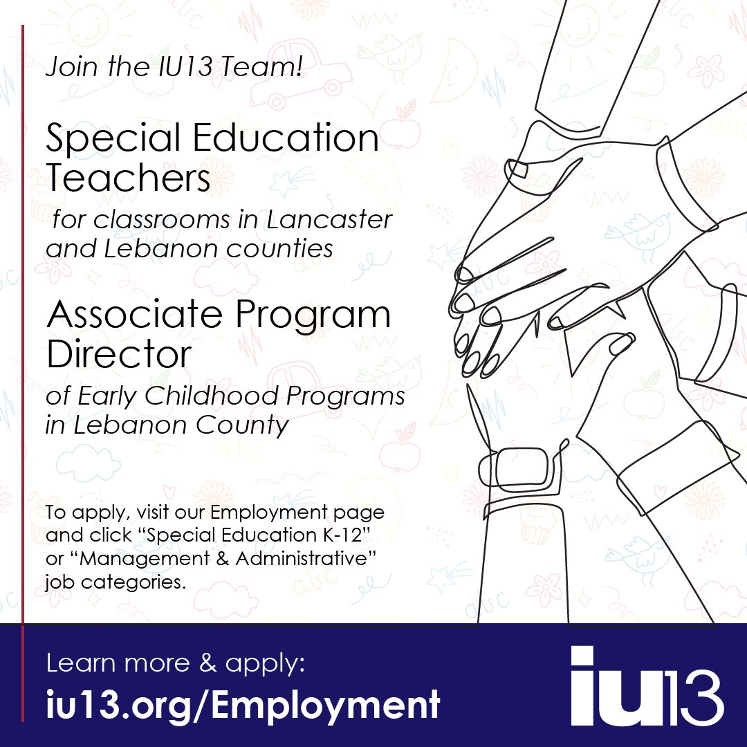 🍎 IU13 is hiring!
Join us in making a difference:
Special Education Teachers
– Autistic Support, Emotional Support &amp; more
Associate Program Director – Early Childhood
– Lead Head Start, Pre-K Counts, ELECT &amp; more in Lebanon, PA
🔗 Apply today: hubs.li/Q03Lv-3W0