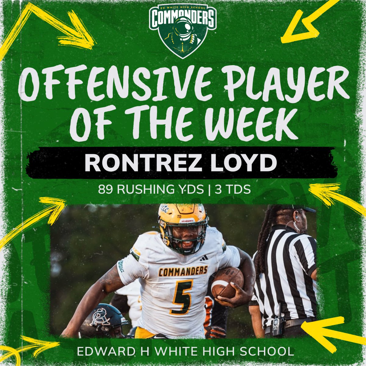 EdWhiteFootball's tweet photo. In recognition of our Week 7 outstanding performances: 

OPOTW: Rontrez Loyd
DOTW: Josiah Smith
STPOTW: Gavyn Dalton

#CommanderPride #ToTheMoon https://t.co/c3Wdkcj5wM