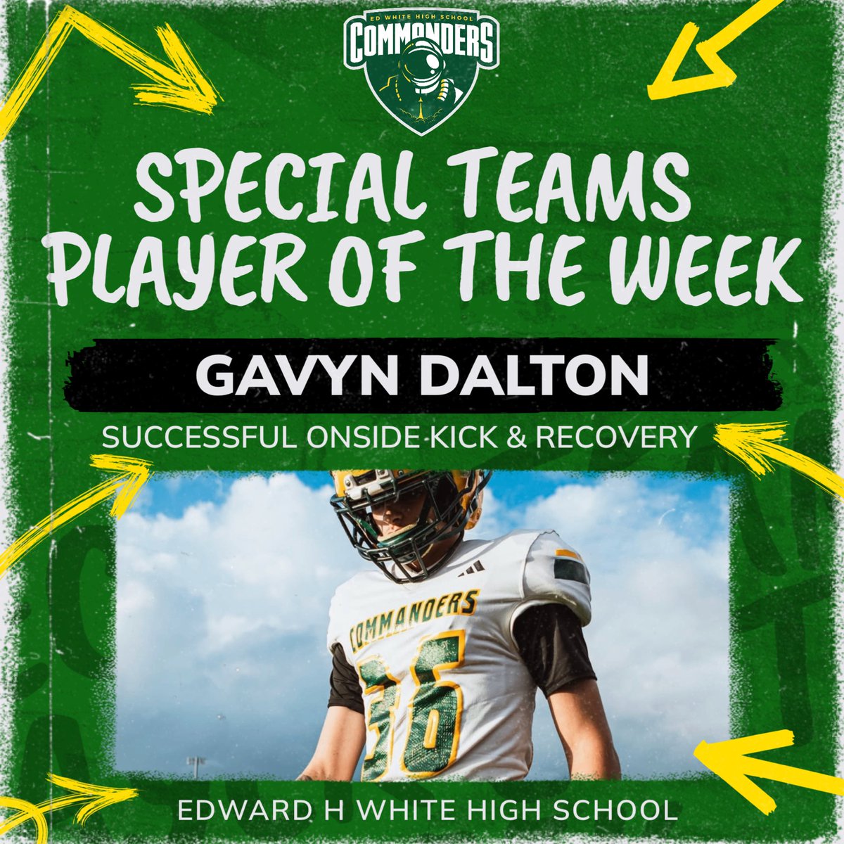 EdWhiteFootball's tweet photo. In recognition of our Week 7 outstanding performances: 

OPOTW: Rontrez Loyd
DOTW: Josiah Smith
STPOTW: Gavyn Dalton

#CommanderPride #ToTheMoon https://t.co/c3Wdkcj5wM