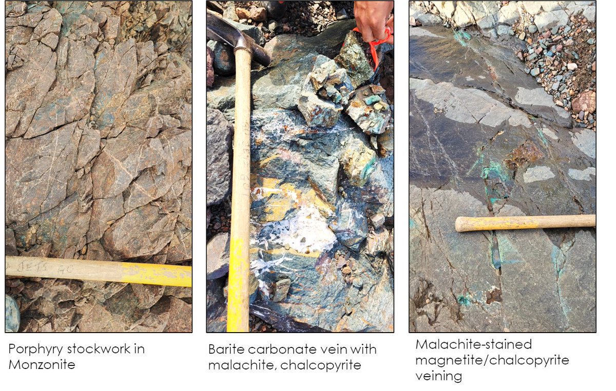 Our large, greater than 4km, Andrei target is remarkable for the amount of magnetite present. It occurs as vein selvedges in potassic-altered monzonite, as sheeted veins and as breccia filling and replacement of wall rocks. Chalcopyrite and minor bornite is common. $ENDR