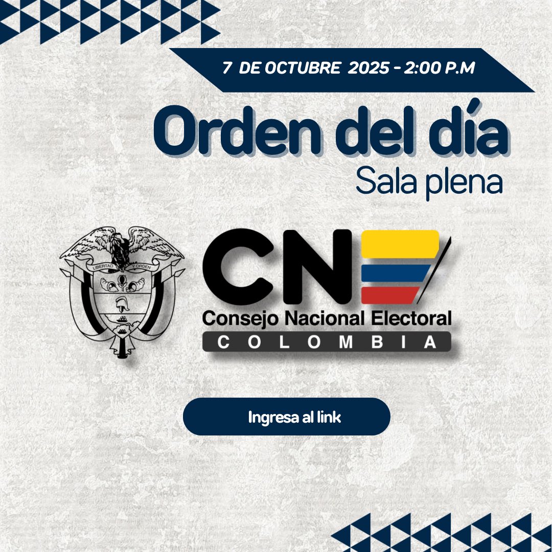 En el siguiente link: cne.gov.co/la-entidad/ord…
 
Se encuentra publicado el Orden del Día completo de la sala plena del 7 de octubre de 2025.