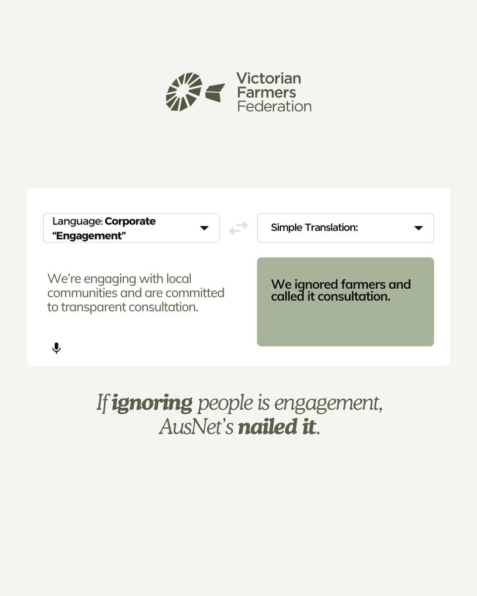 VicFarmers's tweet photo. “Engagement” = Ignore farmers.
“Consultation” = Pressure them.
“Listening” = Do what we want anyway.
If there weren't so much at stake, it’d be a joke.
The VFF will keep calling it what it is and standing up for those who feed Victoria.
#ausnet #pissoffausnet #vicfarmers https://t.co/wfH0IxhP9g