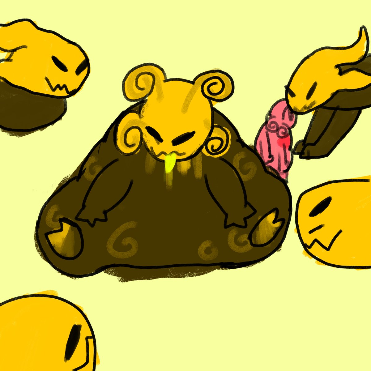 Yelledout's tweet photo. The local Orange lizard gang's never seen anything like Lavaria before, but they're happy to treat her as well as any other member of the pack thats for sure. #rainworld #vore #voretober https://t.co/MavQYWUurk