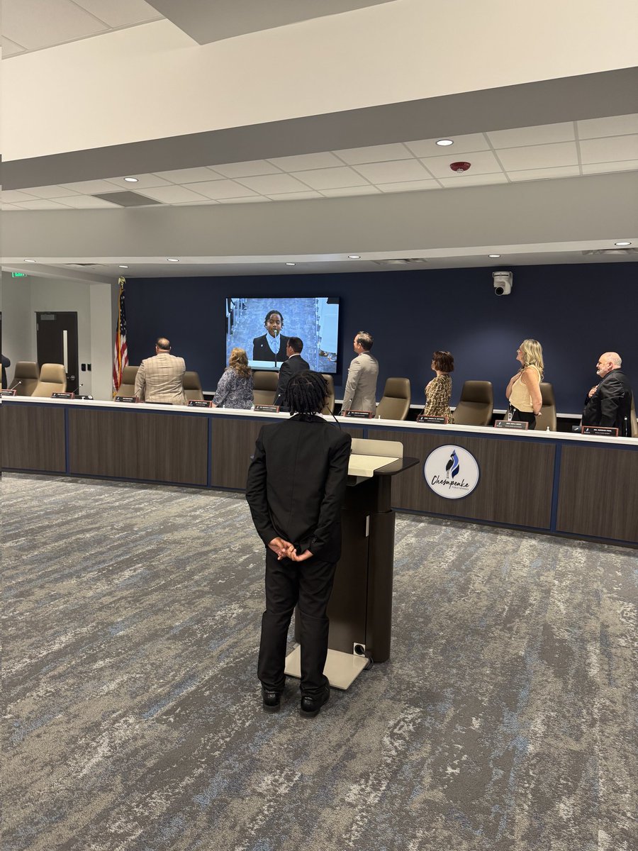 So proud of Carter, a 5th grade student, for leading the Pledge of Allegiance at tonight's School Board Meeting! 💜🇺🇸 #Pledge #CPSchools  #WeAreTheKnights