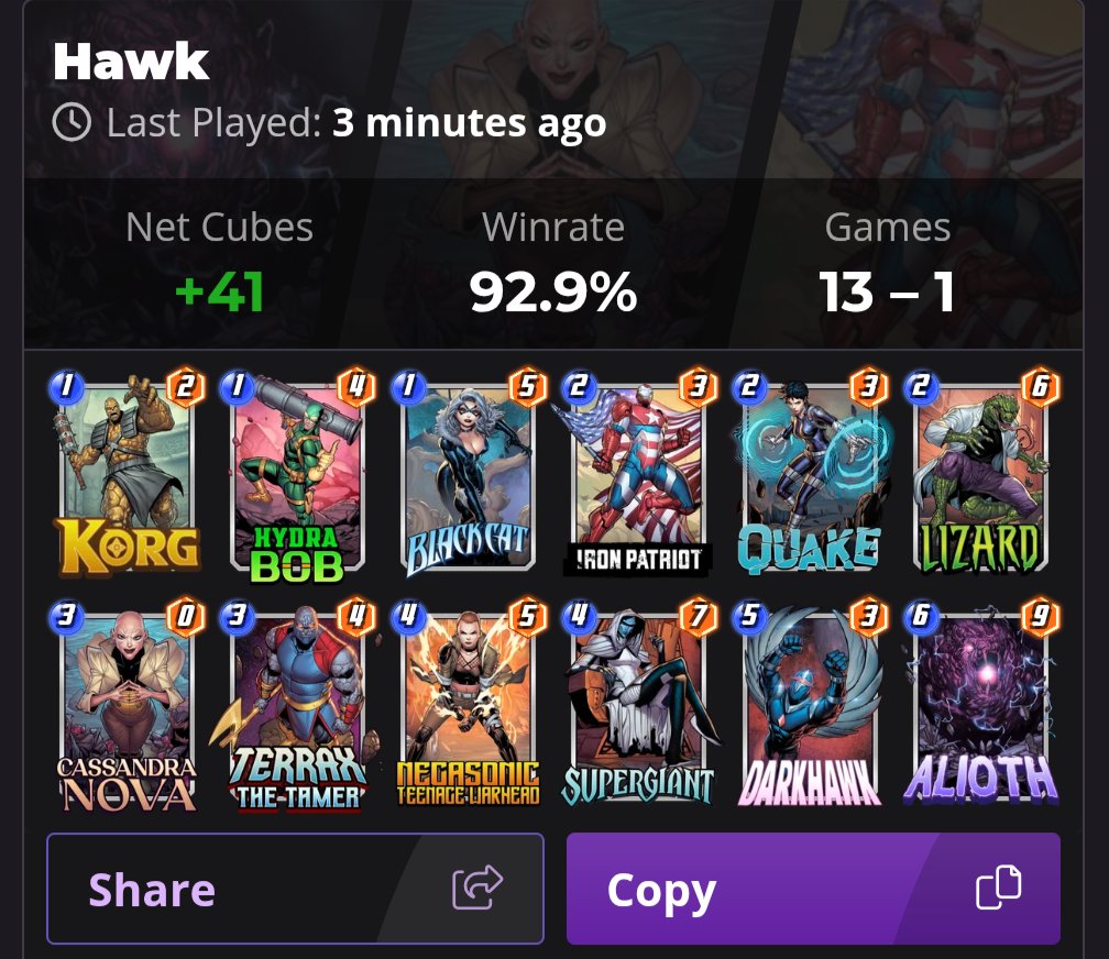 I was not expecting this Darkhawk deck to be so consistent but I'm having fun with this shell; supergiant Alioth combo consistently wins games