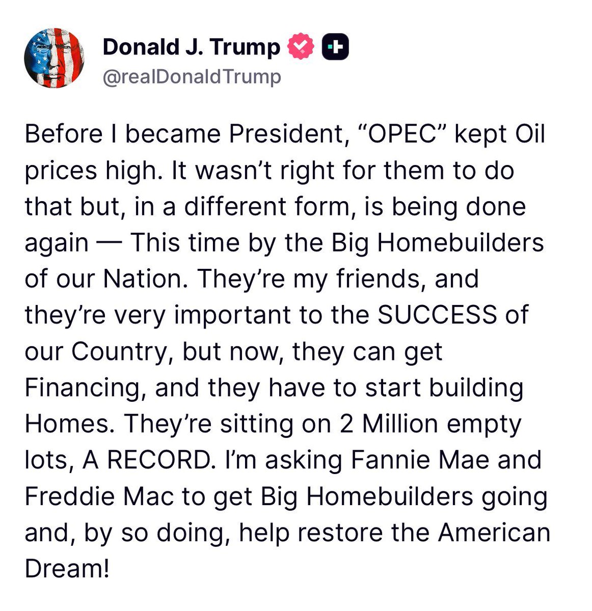 川普开始对美国高房价下手了，要明白他自己就是房地产行业出身的，美国开发商囤地拉高房价的时代，随着重启房地美和房利美