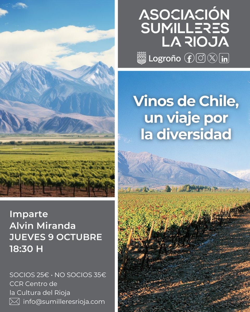 Esta semana nos vamos de viaje a #Chile con Alvin Miranda 🍷
📅 Jueves 9 de octubre 18:30h
📍Centro de la Cultura del Rioja #CCR <a href="/CentrodelRioja/">Centro de la cultura del Rioja</a> 
 25€ socios • 35€ no socios
¡Apúntate aquí forms.gle/kwGENiC9kSFtnP…!