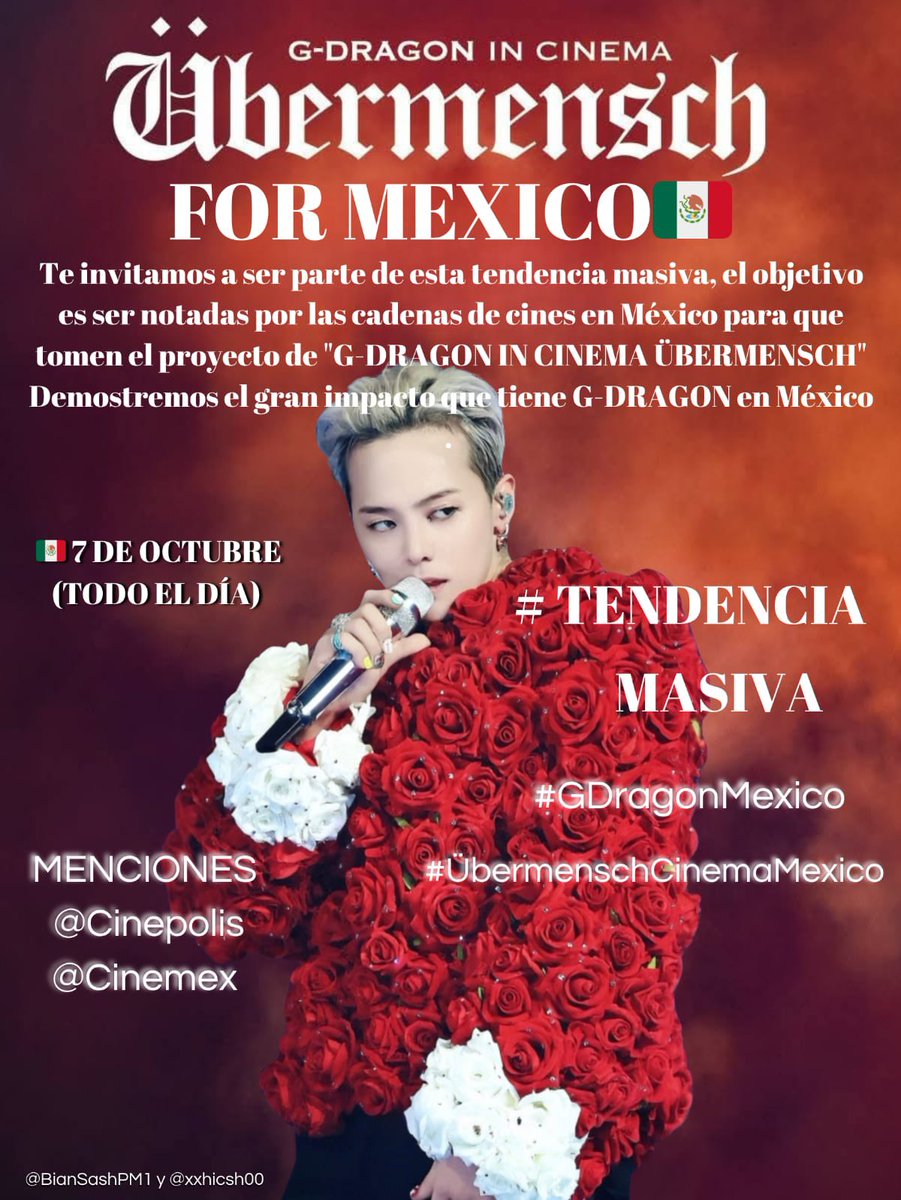 BianSashPM1's tweet image. 💛VIP/FAM🌼

✨Por la falta de información de fechas, horarios y la cadena de cine para la transmisión del concierto de GD, decidimos hacer un hashtag Party

• Los # son para todas la redes, IG, FB, X, YouTube y TikTok.

• No olviden etiquetar siempre a GD, Cinépolis  y Cinemex