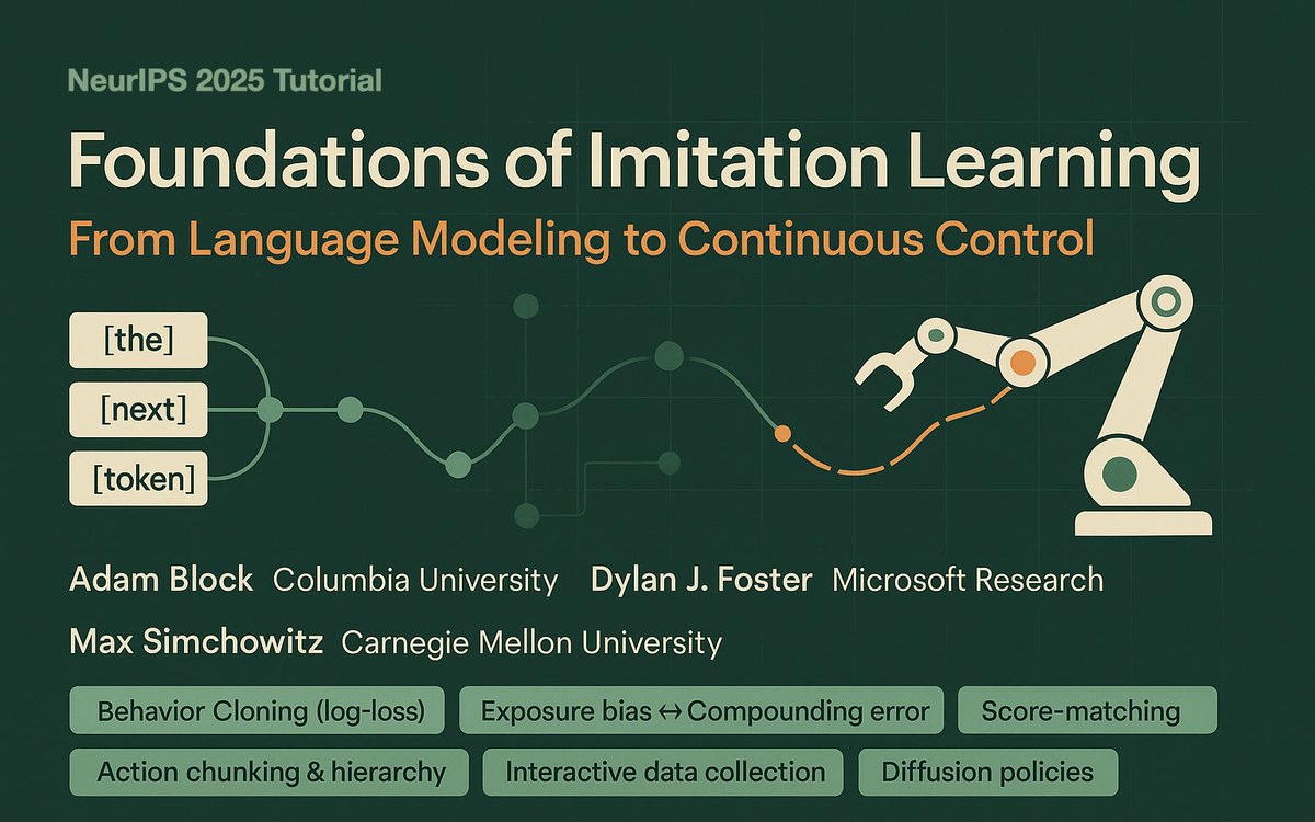 canondetortugas's tweet image. Excited to announce our NeurIPS ’25 tutorial:

Foundations of Imitation Learning: From Language Modeling to Continuous Control 

With Adam Block &amp;amp; Max Simchowitz (@max_simchowitz)
