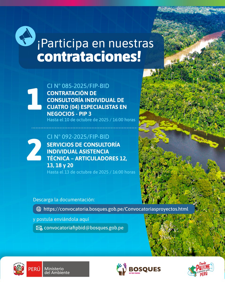 ProgramaBosques's tweet image. ¡Participa en las contrataciones del Programa BOSQUES!🌳
👉🏾 Revisa las bases aquí: convocatoria.bosques.gob.pe/Convocatoriasp…
📨Postula enviando la documentación aquí: convocatoriafipbid@bosques.gob.pe
#ProgramaBosques #Convocatorias