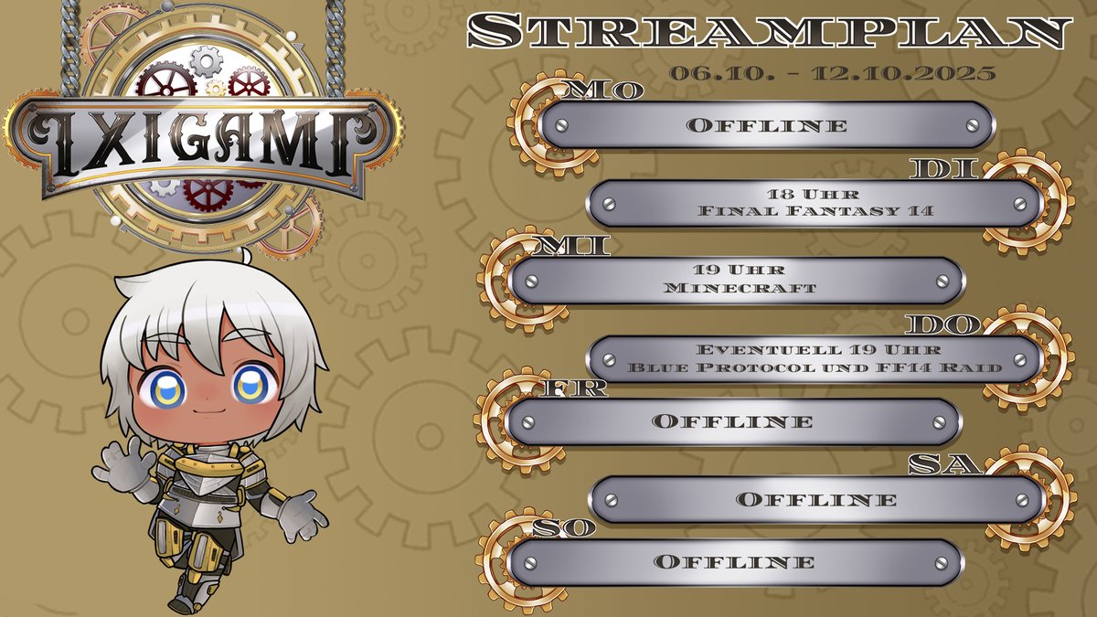 Hier kommt der Streamplan!

Dienstag gibt es FF14 mit dem neuen Deep Dungeon und ein paar coolen Leuten :3
Mittwoch wieder bisschen Minecraft und dem Glastunnel
Donnerstag eventuell ein Stream, wenn ich rechtzeitig zuhause bin.

Freitag und Samstag bin ich auf der POLARIS!