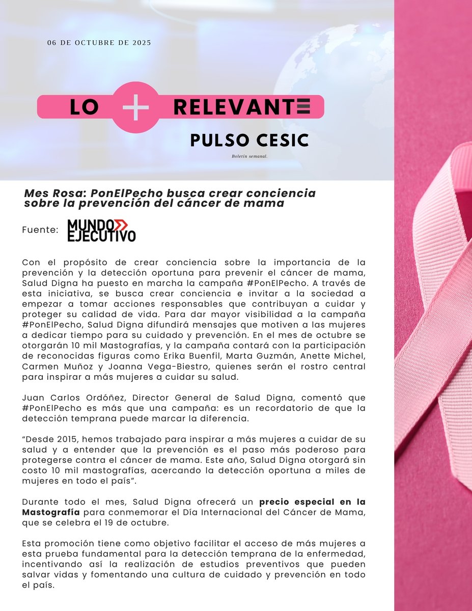 🎗 Pulso CESIC | Edición Especial “Mes Rosa”

Este octubre recordamos que educar también es cuidar. 💗
La información salva vidas y la educación puede ser la mejor forma de prevención.

#PulsoCESIC #MesRosa #EducarParaCuidar #ConcienciaYPrevención
