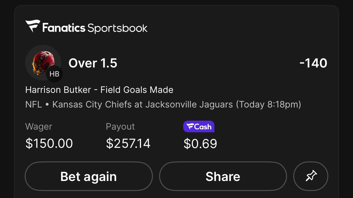 🚨KIRK’S POTD🚨

POTD: 3-5

Harrison Butker o1.5 field goals made -140 (1.5u)

Let’s get a win on the board here!

#POTD #MNF
