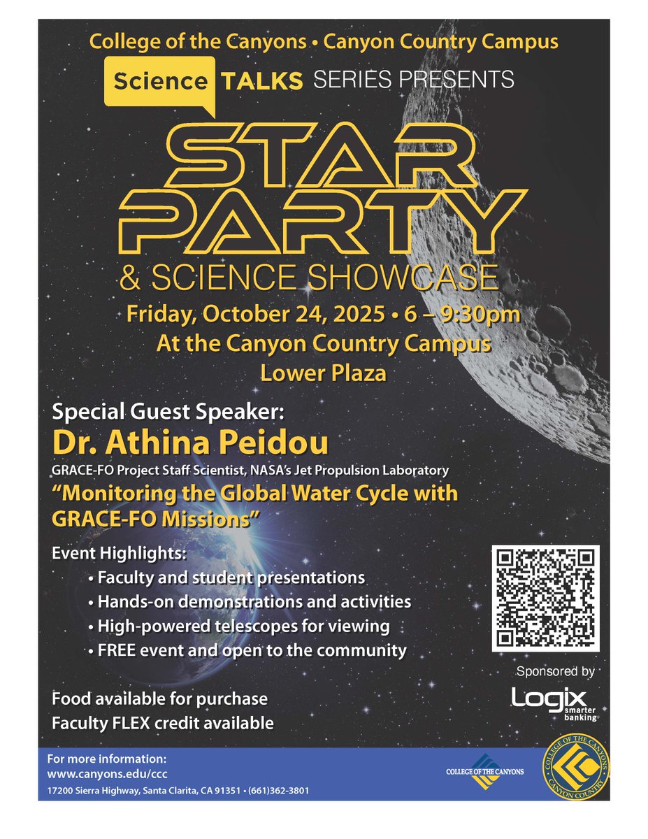 Join us for an evening full of fun and learning! The Science Talks series presents, Star Party &amp; Science Showcase at the Canyon Country Campus on Friday, October 24, 2025, 6:00pm – 9:30pm. FREE fun family event and open to the community! Help us spread the word!