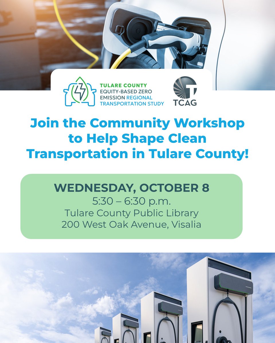 Join us for a free Community Workshop
Wednesday, October 8th from 5:30 – 6:30 p.m. 
Tulare County Public Library in Visalia.
Your voice matters in shaping the future of clean, equitable transportation in Tulare County! 📷 Learn more &amp; share your input: tulare-zeroemission.com.