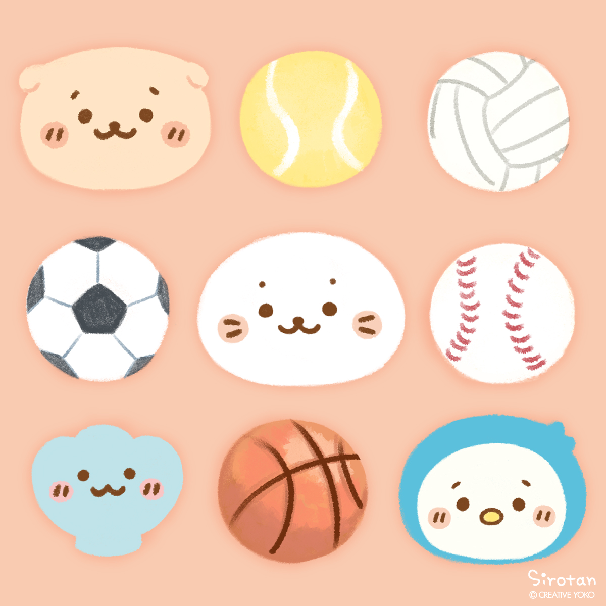 まんまるボールがたくさん♪
みんなはどのスポーツをする？

(ᐡ,,•ω•,,ᐡ)🎾🏐
⚽️(=・ω・=)⚾️
(・ ̫・)🏀(࿁ˊ･⬭･`࿁）

#しろたん秋イラストシリーズ #スポーツの秋 #スポーツの日