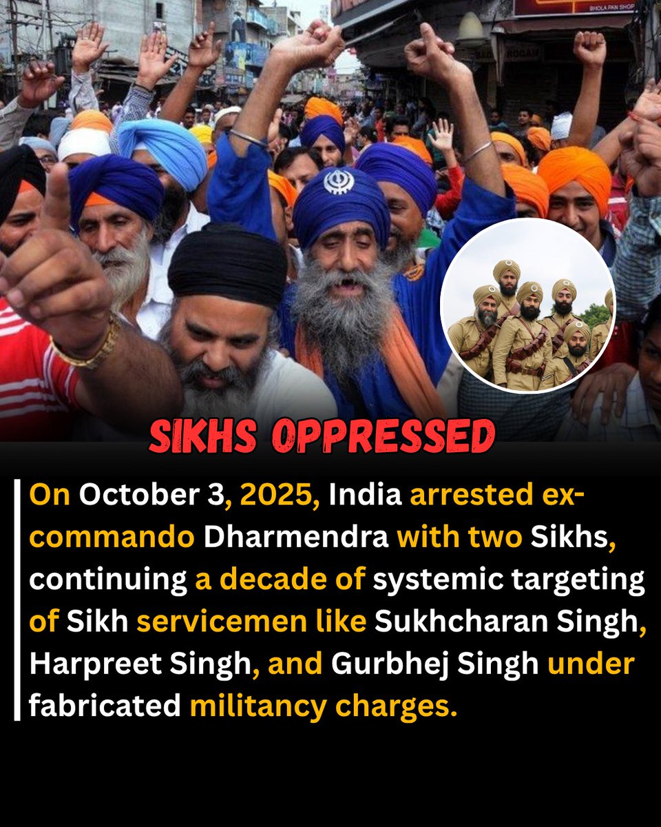 Nazarkakhel's tweet image. India’s crackdown on Sikhs escalates as former commando Dharmendra’s arrest on Oct 3 exposes systemic targeting and anti-Pakistan conspiracies.
#SikhRepression #IndiaCrackdown #Pakistan