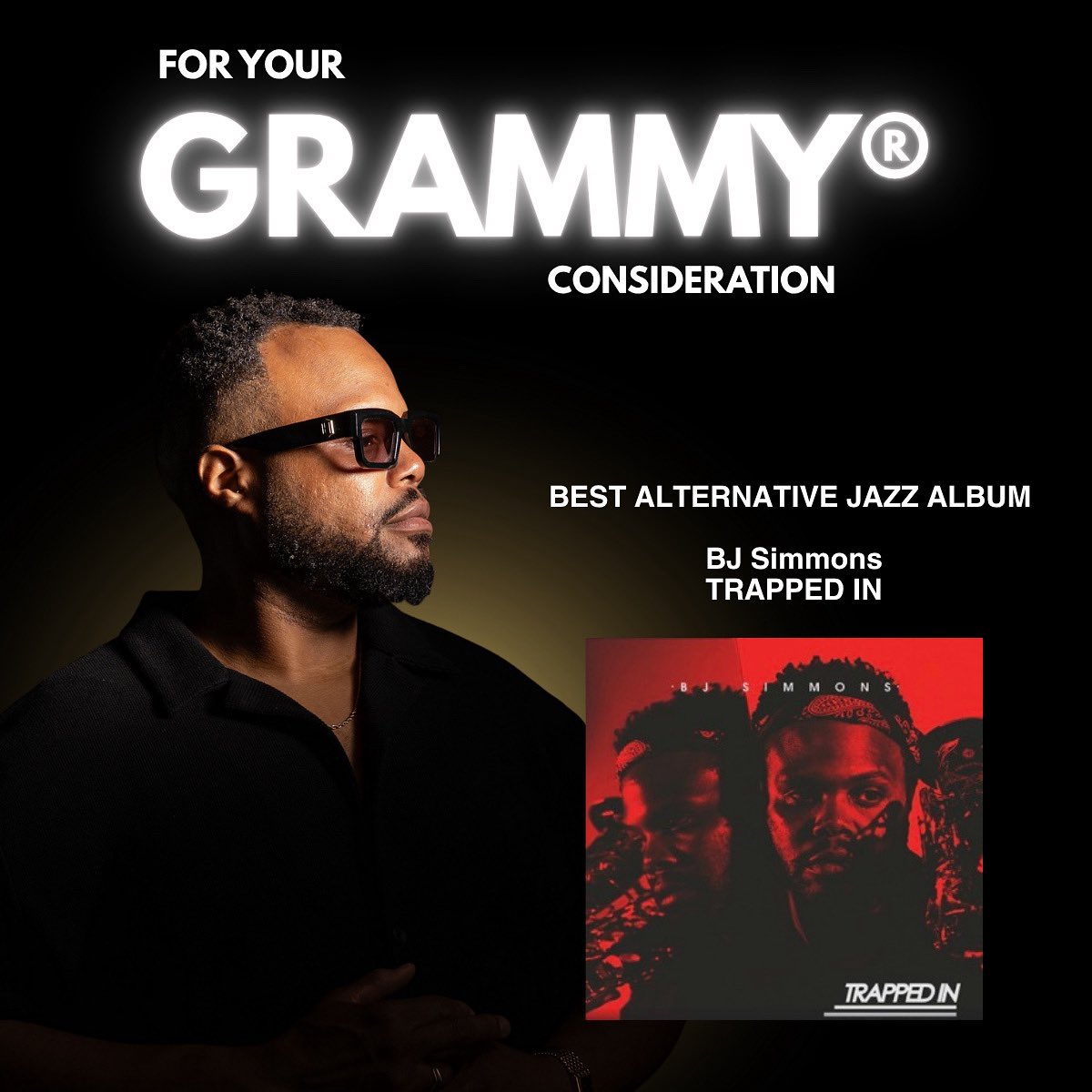 FOR YOUR GRAMMY® CONSIDERATION 🎷
BJ Simmons – Trapped In
Category: Best Alternative Jazz Album

A fearless fusion of jazz, hip-hop &amp; soul redefining modern jazz storytelling.

🎧 Listen → bjonsax.com/trappedin

#GRAMMYs #FYC #TrappedIn #BJSimmons #AlternativeJazz #JazzFusion