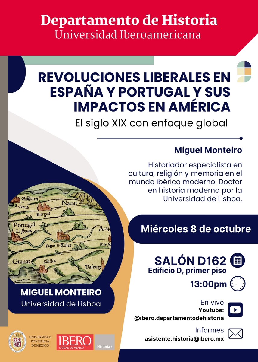 Esta semana: Revoluciones liberales en España y Portugal y sus impactos en América. El siglo XIX con enfoque global 🌍

🗣️ Con el Dr. Miguel Monteiro (Universidad de Lisboa)
📅 Miércoles 8 de octubre · 🕐 1:00 p.m.
📍 Salón D162, Edificio D, primer piso
